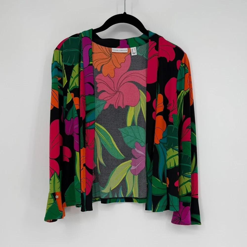 Susan Graver Liquid Knit Tropical Floral Dress and Cardigan Set Black Multi M